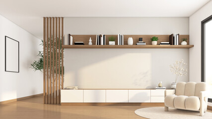 Modern Japanese-style living room with built-in TV cabinet and bookshelf. white polished concrete wall and wooden floor, armchair and rug. 3d rendering