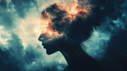 A silhouette of a woman's head with a stormy sky filled with stars and glowing clouds inside.