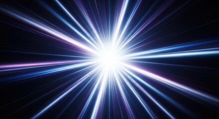 Abstract burst of bright blue and purple light rays emanating from a central point