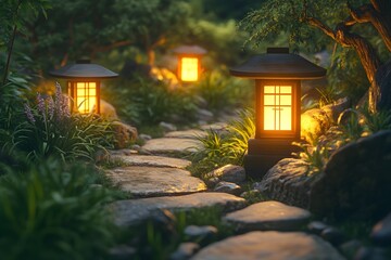 Serene Japanese Garden Illuminated by Lantern Light