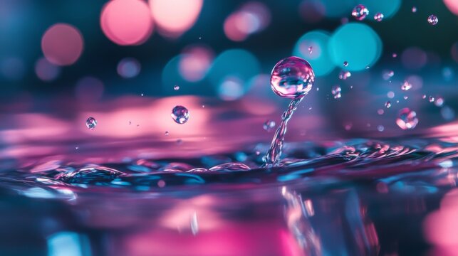 A single water droplet splashes into a pool of water, creating a crown-shaped splash with pink and blue bokeh lights in the background.