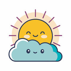 Cute Weather Friends Sunny Day Cloud with Sunshine Cheerful Cartoon Illustration for Children