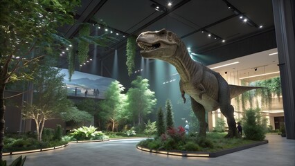 Naklejka premium Futuristic Exhibition Featuring Giant Tyrannosaurus Sculpture Surrounded by Lush Greenery in Museum.