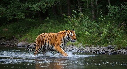 Powerful Siberian Tiger Striding Through a Forest River, Water Splashing