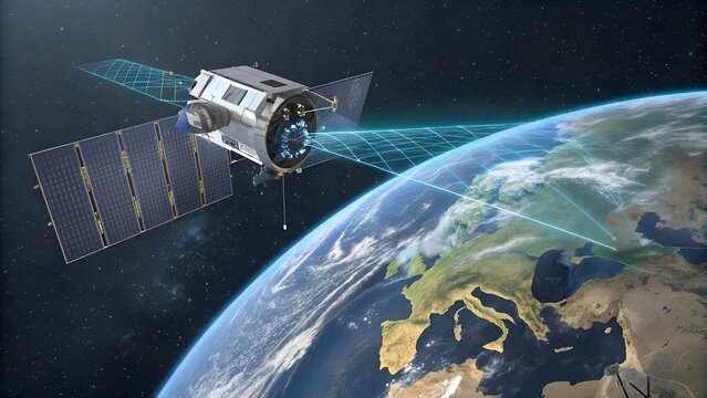  Futuristic satellite in Earth orbit emits blue laser beams while monitoring global data with digital holograms, representing advanced weather control and climate surveillance technology.  - Powered by Adobe