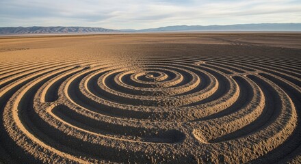 Aerial view of a large circular maze carved into a sandy beach.