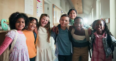 Face, education and students in hallway, smile and diversity with support, embrace and knowledge. Happiness, school and group with academic growth, friends and multiracial with confidence or children - Powered by Adobe