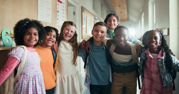 Face, education and students in hallway, smile and diversity with support, embrace and knowledge. Happiness, school and group with academic growth, friends and multiracial with confidence or children