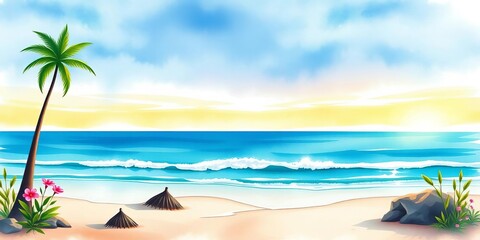 Elegant watercolor beach landscape wedding invitation template, watercolor, save the date