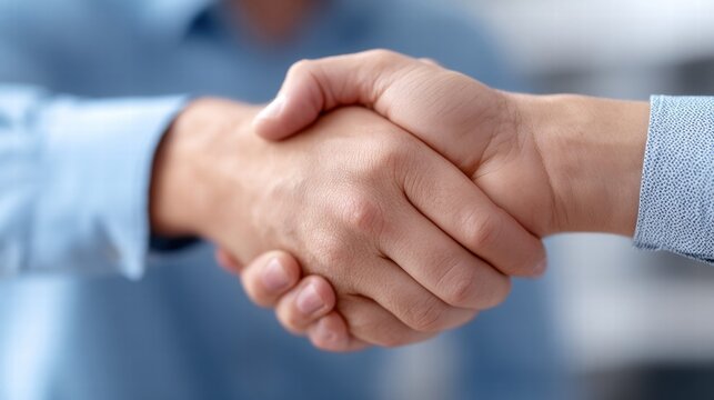A close-up of a handshake, a symbol of business agreement and collaboration, in a professional setting.