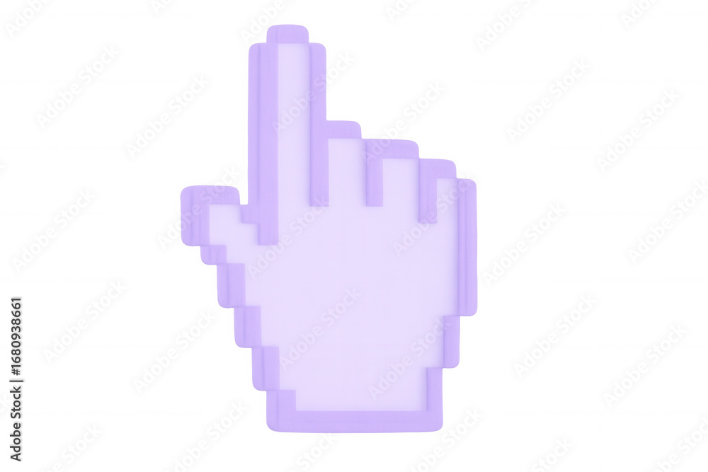 Poster pixelated hand cursor pointing upward, index finger extended, digital interface element on transpare