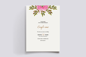 WEDDING INVITATION FRAME WITH FLOWER DECORATIONS AND FRESH LEAVES