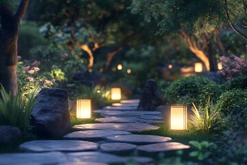 Serene Japanese Garden Illuminated by Lantern Light