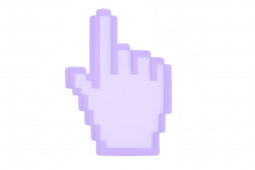 Pixelated hand cursor pointing upward, index finger extended, digital interface element on transparent background