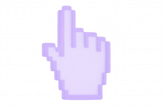 Pixelated hand cursor pointing upward, index finger extended, digital interface element on transparent background