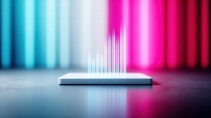 Abstract white platform with neon light, suggesting technology and data visualization.
