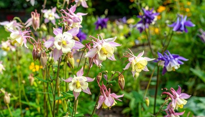 A vibrant display of various colored flowers in a garden setting.