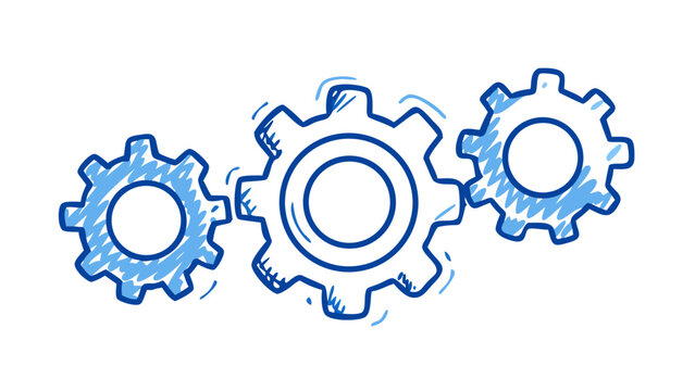 Blue gears interlocking doodle illustration