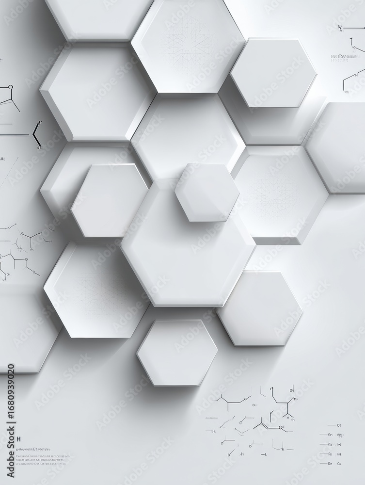 Poster modern abstract design featuring white hexagonal shapes on a clean background with scientific diagra