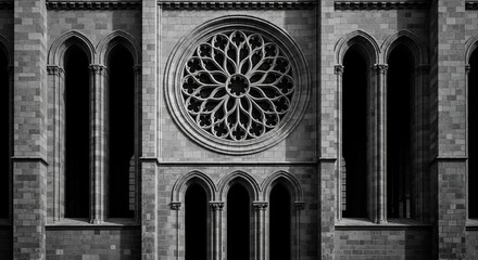 Architectural Detail of a Cathedral with Rose Window in Black and White.