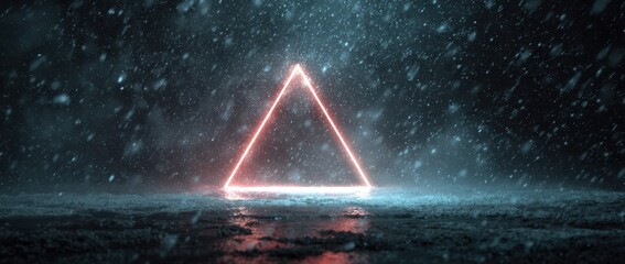 Vibrant photo of glowing neon triangle in a dark rainy environment.