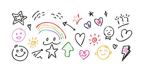 Cheerful doodle elements with rainbow and sun hand drawn