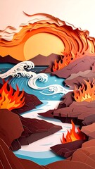 A vibrant paper-cut landscape depicts a dramatic scene of fiery mountains, crashing waves, and a flowing river, showcasing a dynamic interplay of colors and textures.
