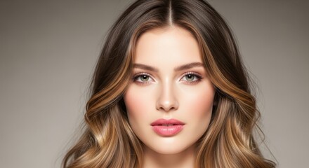 Fototapeta premium Beautiful young woman with wavy brown hair and makeup