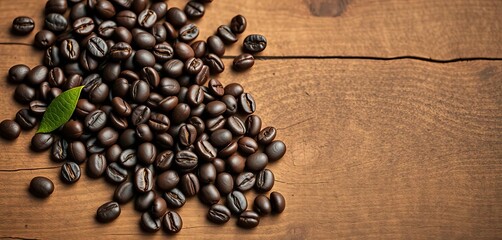 Dark roasted coffee beans scattered on rustic wood,   comfort,  scent
