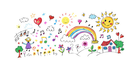 Cheerful doodle landscape with sun and rainbow drawing
