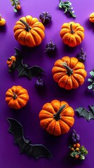 Halloween Pumpkins and Black Bats Creative Arrangement on Purple Background for Party Poster, Festive Decoration, Kids Event, Autumn Celebration