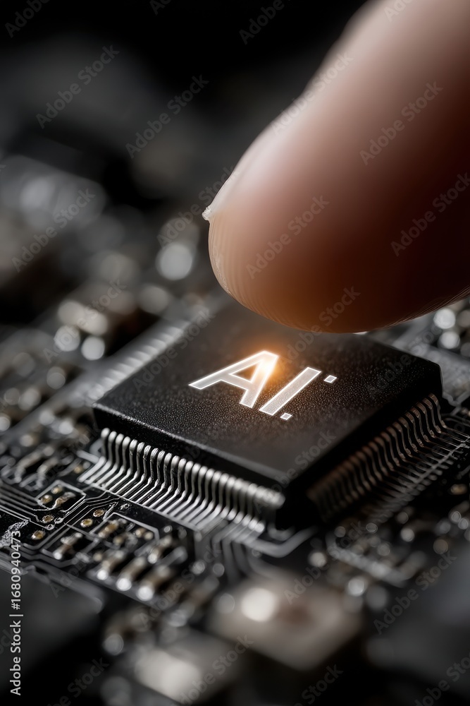 Poster close up of a glowing ai microchip with finger interaction