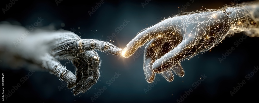 Poster human and robotic hands reaching and connecting in a networked design