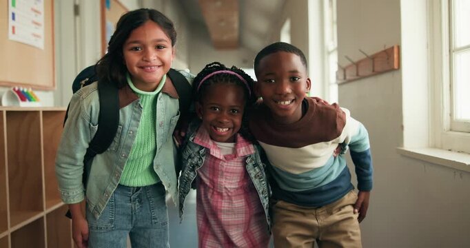 Hug, education and face of students in school for knowledge, study period and learning. Scholarship, growth and class schedule with group of kids on campus for child development and friends