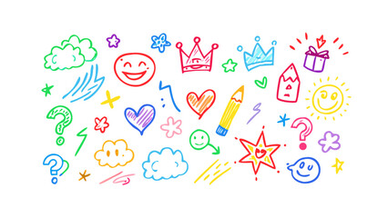 Colorful Crayon Doodles of Fun Symbols happy
