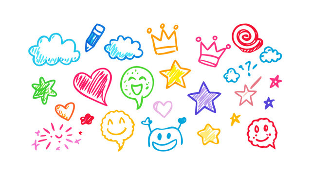 Colorful crayon doodles of fun objects and characters