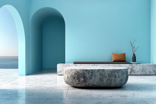 Modern minimalist interior with ocean view and stone elements in blue tones