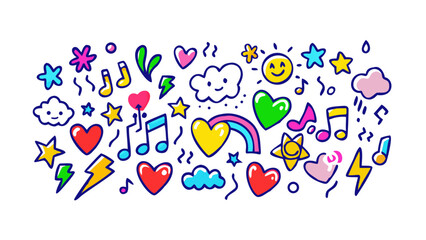 Colorful doodle icons with hearts and music notes stars