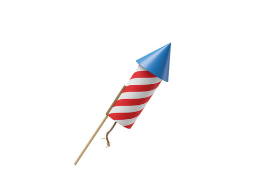 Isolated firework with red and white stripes and blue cone for July 4th celebration