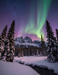 Majestic aurora borealis dances over a snowy mountain landscape, painting the night sky with vibrant hues.
