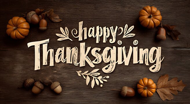 happy thanksgiving celebration with pumpkins acorns and autumn leaves
