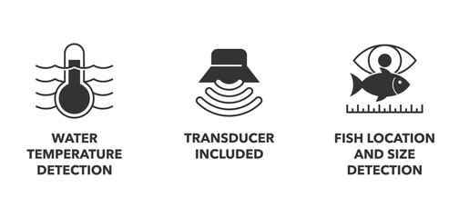 Fishfinder sonar monochrome icons set of 3 for labeling 