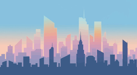 A serene urban landscape featuring a silhouette of a modern city skyline with skyscrapers against a beautiful pastel gradient sunset sky