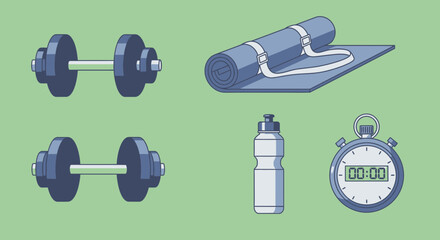 A collection of fitness and workout equipment icons including dumbbells, an exercise mat, a water bottle, and a stopwatch for health and wellness concepts