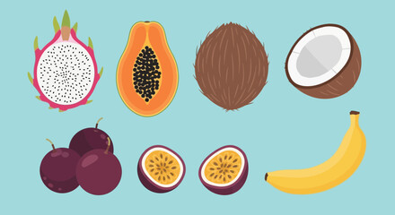 A vibrant illustrated collection of exotic tropical fruits like dragon fruit, papaya, coconut, passion fruit, and banana