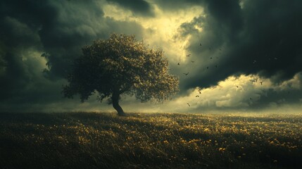 A lone tree stands in a field of wildflowers under a dramatic stormy sky.