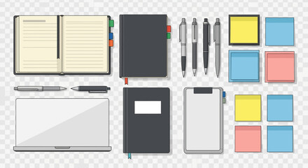 A realistic flat lay illustration of essential office supplies and stationery for business, work, and study, arranged for organization and planning