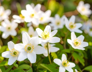 Obraz premium A close-up view of delicate white flowers with bright yellow centers, blooming amidst lush green foliage in a natural outdoor setting, highlighting springtime beauty and vibrant colors.