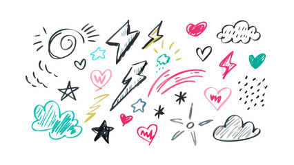 Doodle icons hearts stars lightning clouds vector