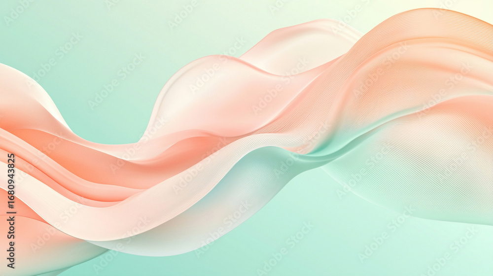 Poster minimal abstract background with smooth flowing wave in soft peach and mint pastel gradient on light